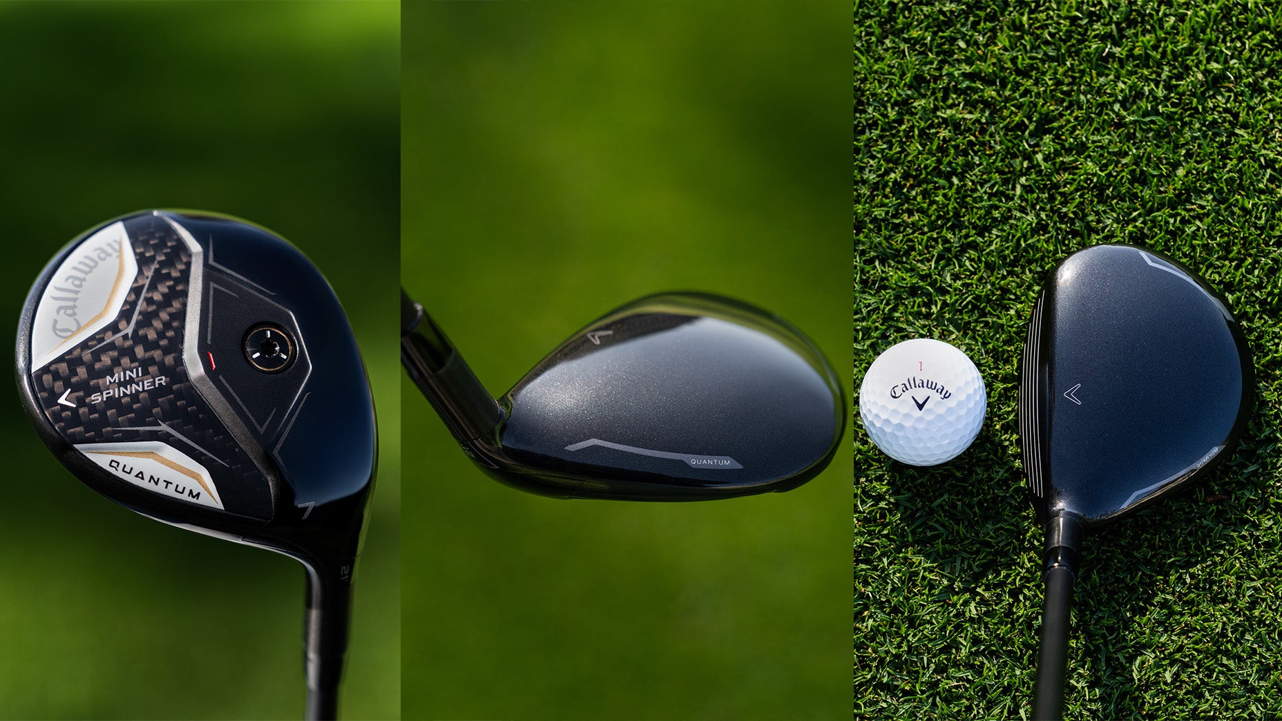 Three panels show a Callaway golf club from different angles next to a Callaway golf ball on green grass. The club displays a carbon fiber design and branding details in close-up views.