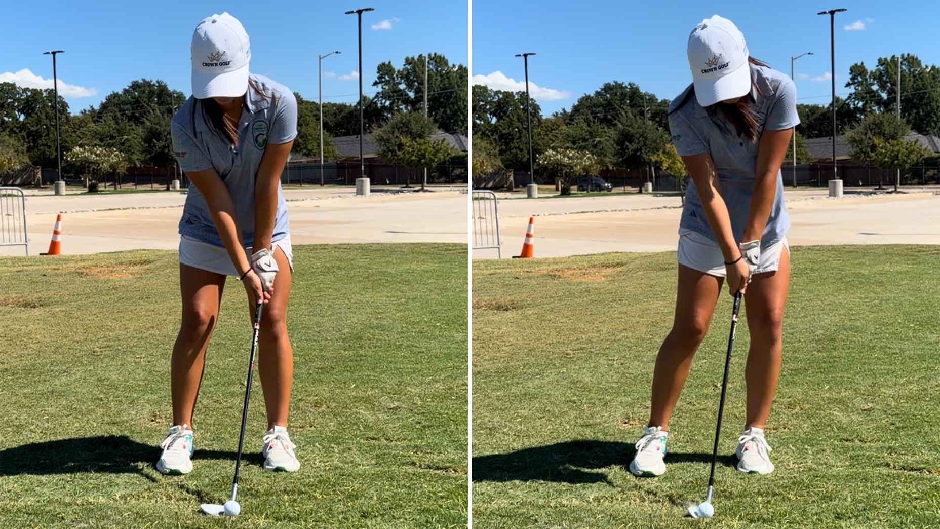 golfer in white hat and grey shirt sets up to hit golf ball (left) and hits golf ball (right)