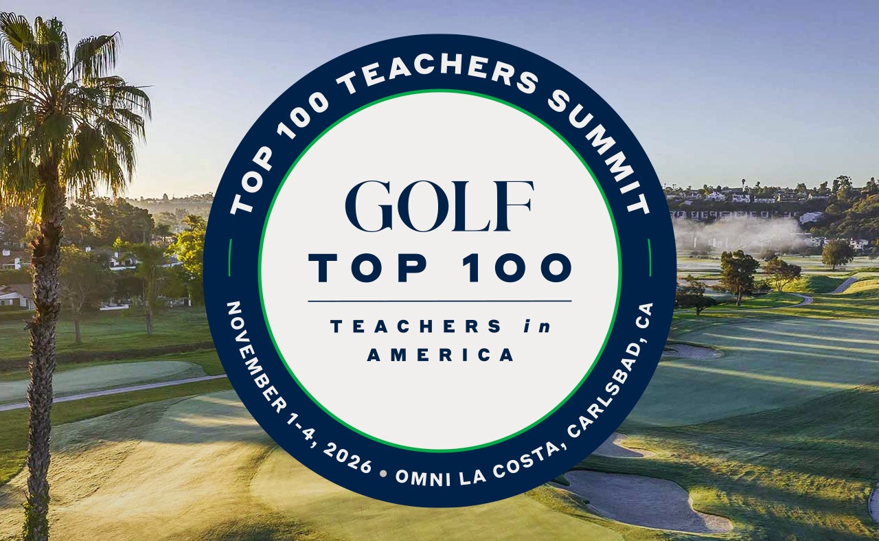 A golf course with a round logo reading Golf Teachers Summit, GOLF Top 100 Teachers in America, November 1-4, 2026, Omni La Costa, Carlsbad, CA.