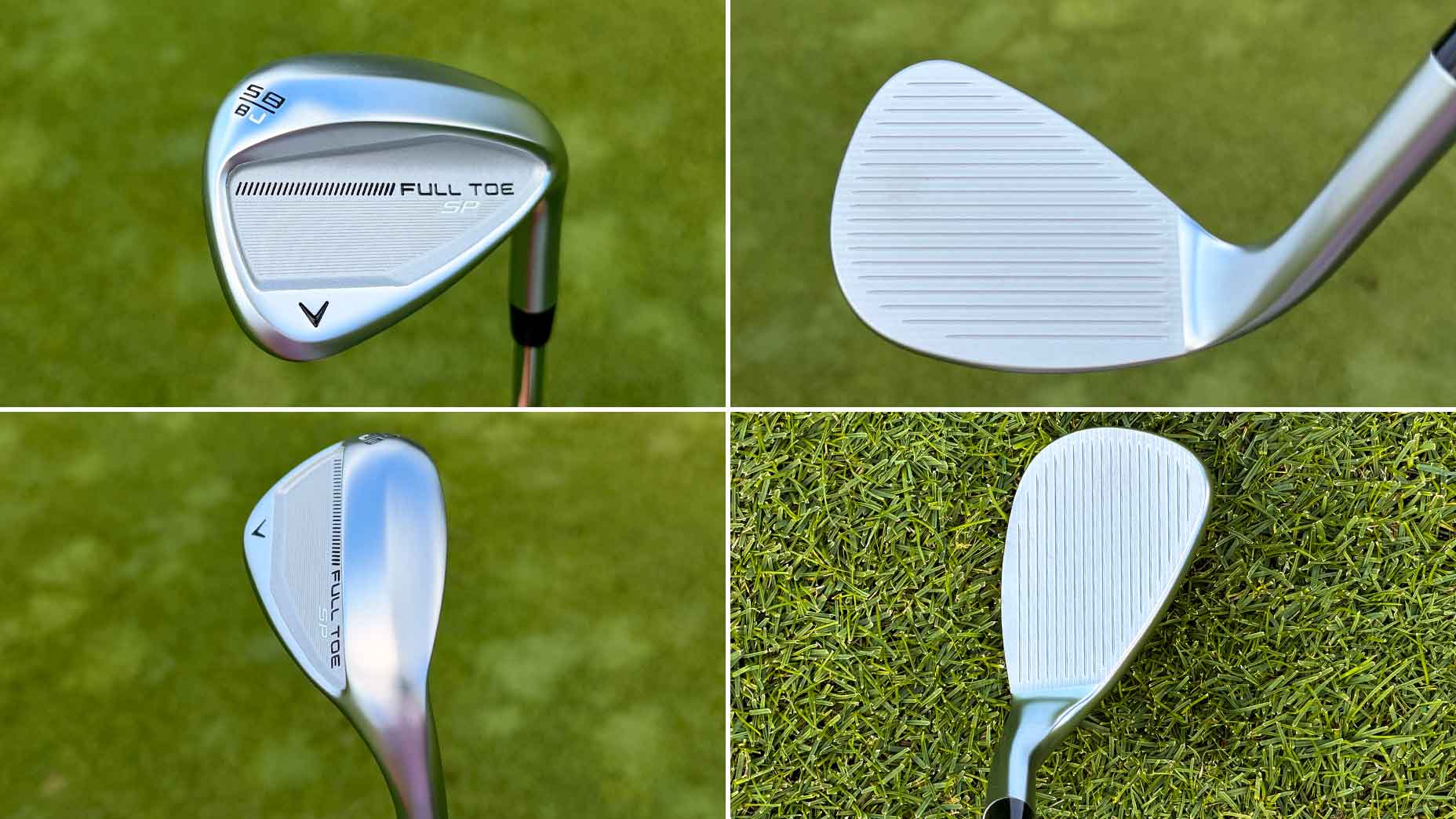 Four close-up photos of a Callaway Full Toe S grind golf wedge, showing its face, back, and grooves, all set against a background of green grass&mdash;perfect inspiration for your next golf club upgrade or golf template design.