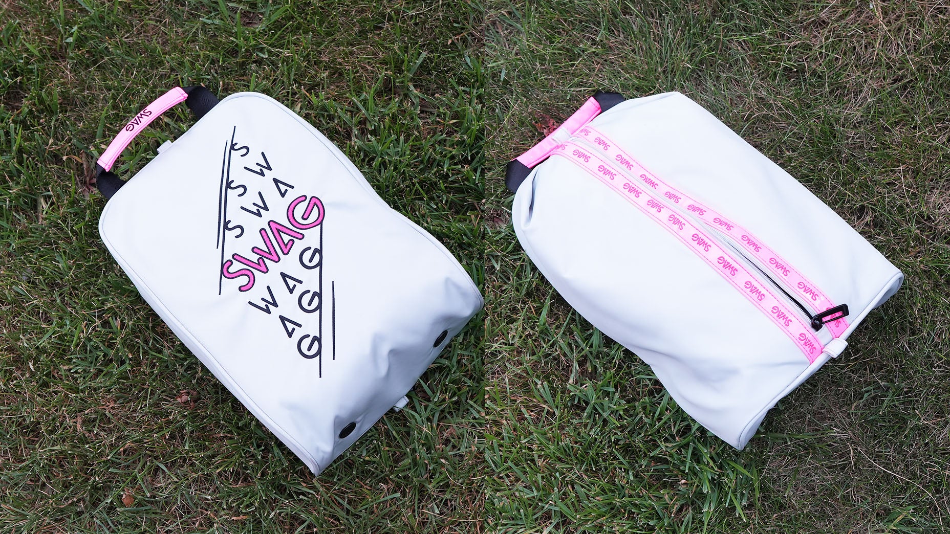 Two white bags with pink handles and zippers lie on grass. One bag has the word SWAG and abstract designs printed on it, perfect for showcasing your SWAG accessories, while the other is plain except for the zipper.