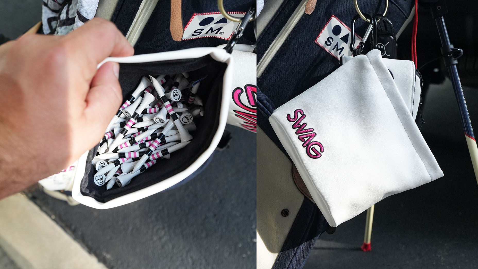 A hand holds open a white golf pouch filled with striped tees; next to it is a close-up of the white SWAG pouch labeled SWAG, one of their new accessories, attached to a golf bag.