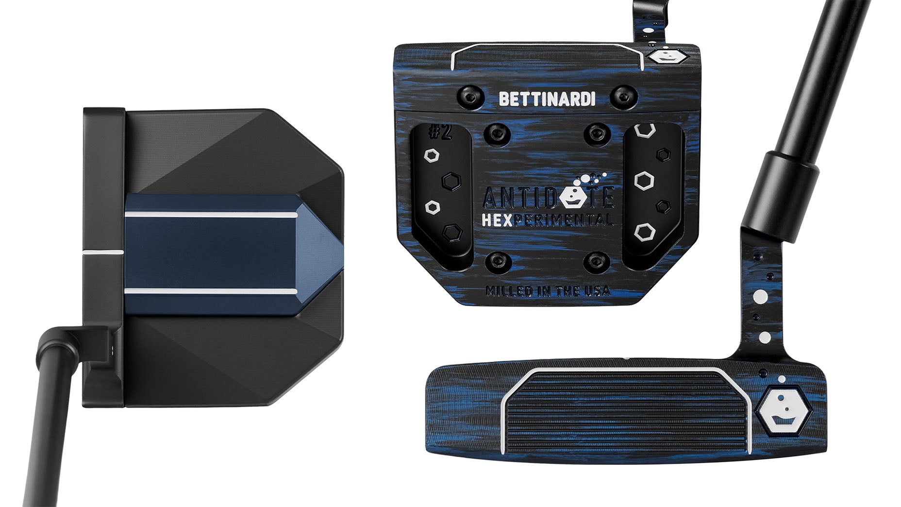 Three views of a black and blue Bettinardi golf putter with metallic accents, showcasing the clubhead&rsquo;s top, face, and bottom details, including logo, engraved text, and unique geometric patterns.
