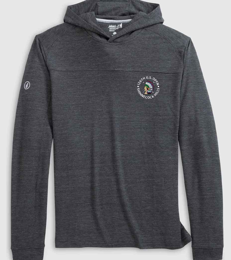 Dark gray hooded long-sleeve shirt with a small circular patch on the left chest, featuring Western U.S. Open Marine Corps Marathon text and a colorful eagle&mdash;perfect for golf gifts or unique Father&rsquo;s Day gifts.