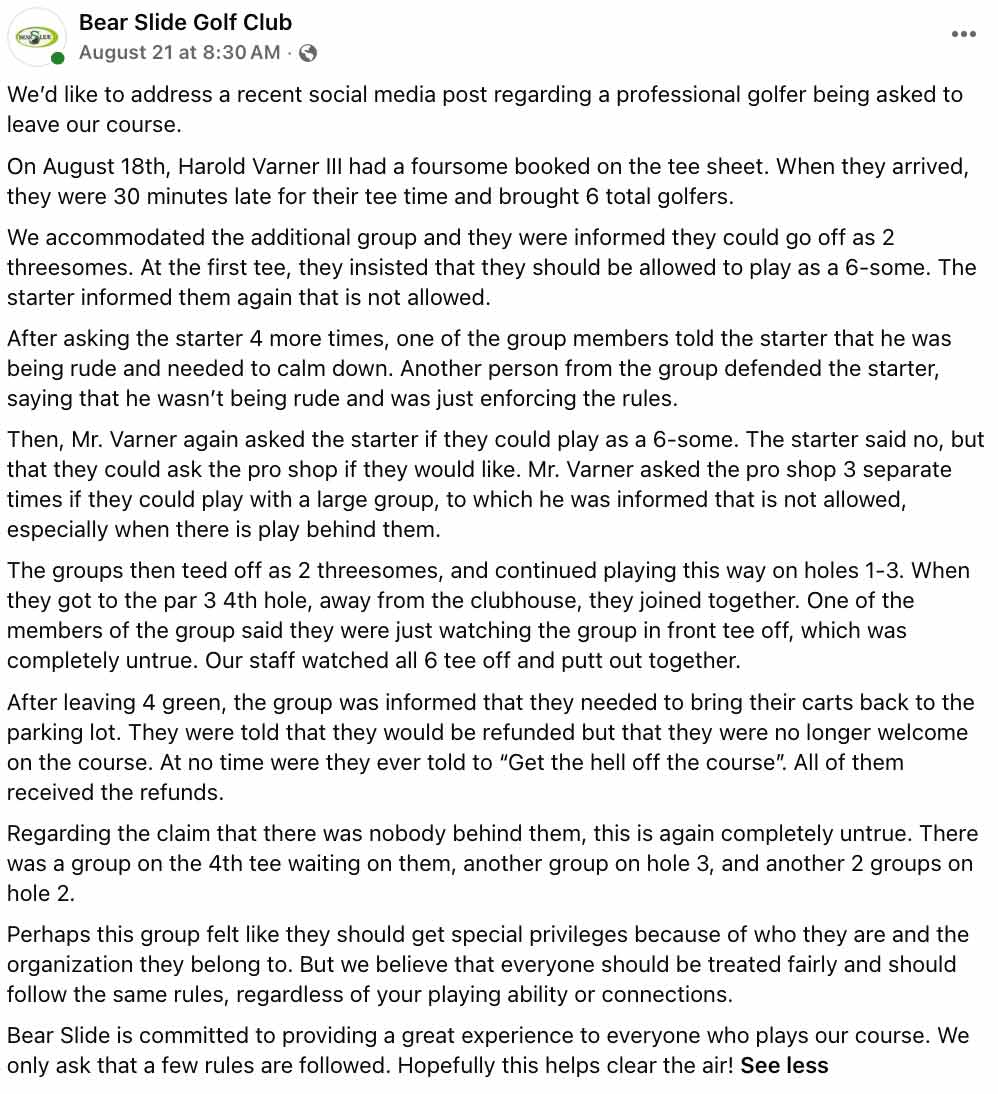 Screenshot of a Facebook post from Bear Slide Golf Club describing an incident involving a tardy golf group, explaining actions taken, and emphasizing fairness in club policies. The club details the event and clarifies its position.