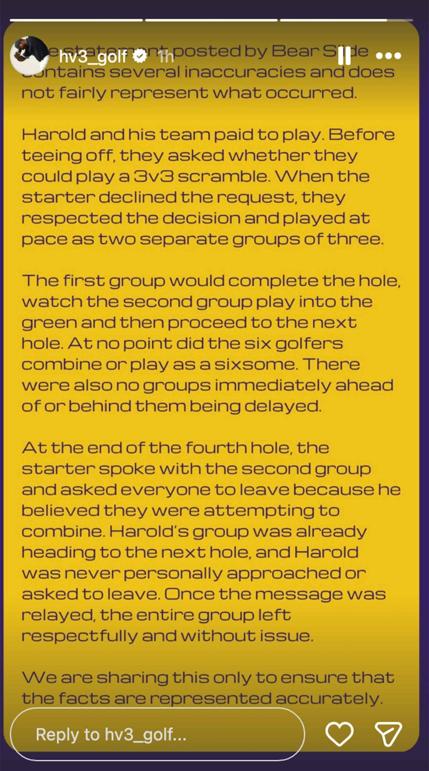 Instagram story with yellow background and white text explaining a golf events sequence, group arrangements, and delays, aiming to clarify events for accuracy. The text highlights respect for requests and fair play during the tournament.