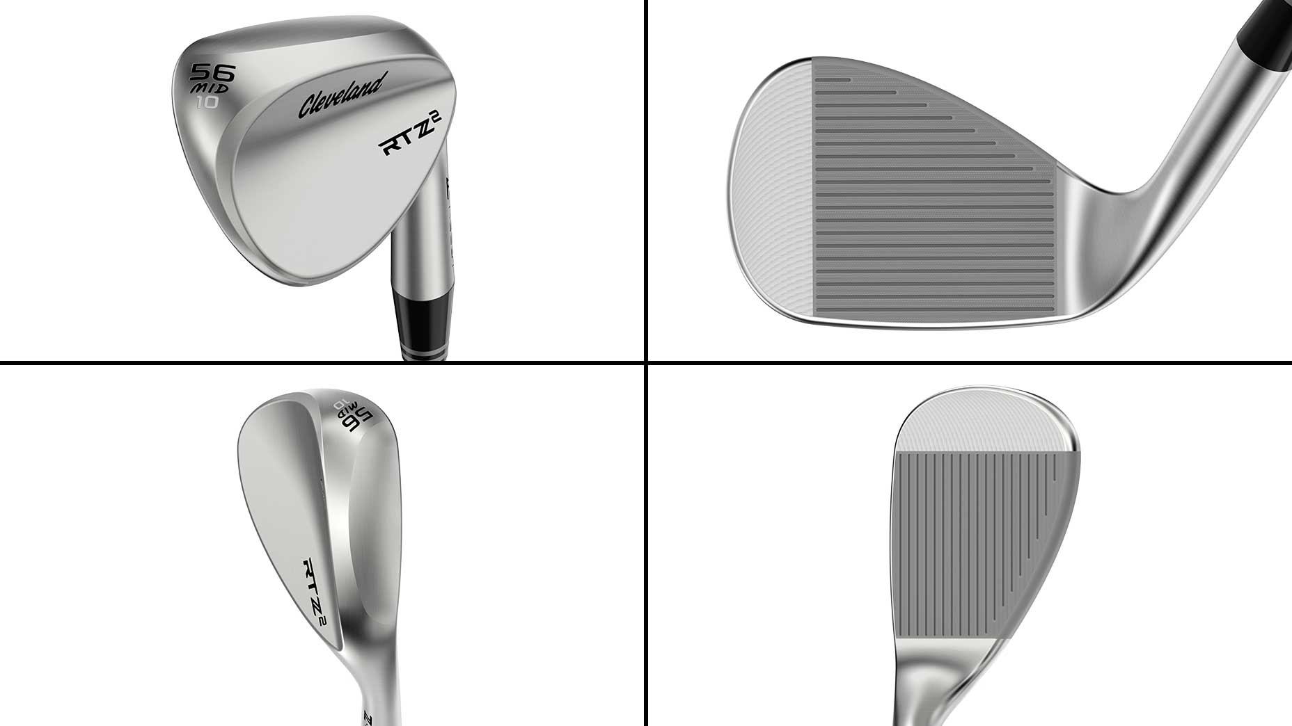 Four panels show different angles of a silver golf wedge, highlighting the clubface grooves, sole, back, and toe. The club reads Cleveland RTX 2 56 MID in black letters and showcases the craftsmanship that makes Cleveland RTZ 2 wedges trusted by players worldwide.