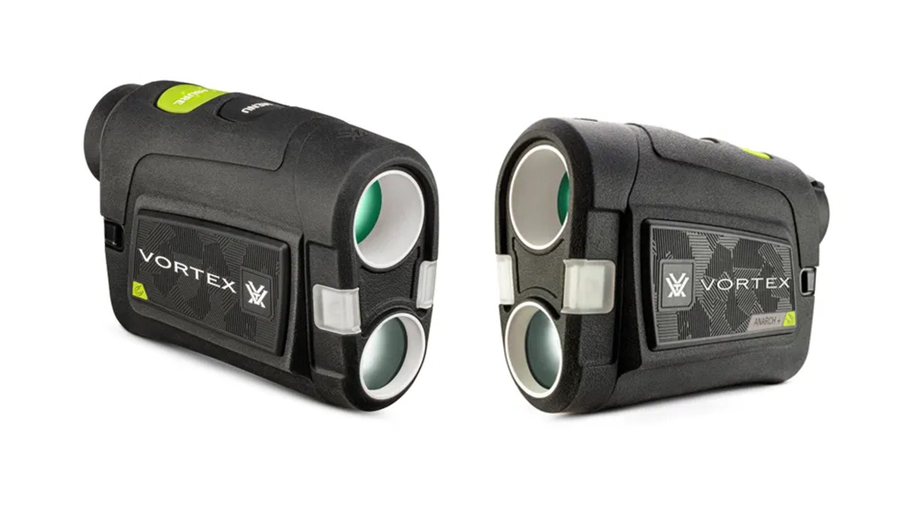 Two black Vortex Anarch+ Rangefinders angled differently, showing their lenses and control buttons. Each has a Vortex logo and branding visible on the side panel.