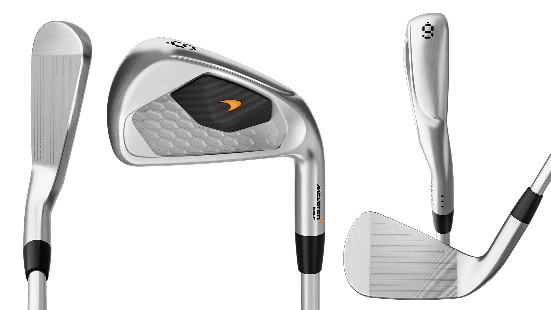 Three silver golf irons are shown from different angles, highlighting the clubface grooves, sleek back design with a black and orange insert, and the clubs polished finish.