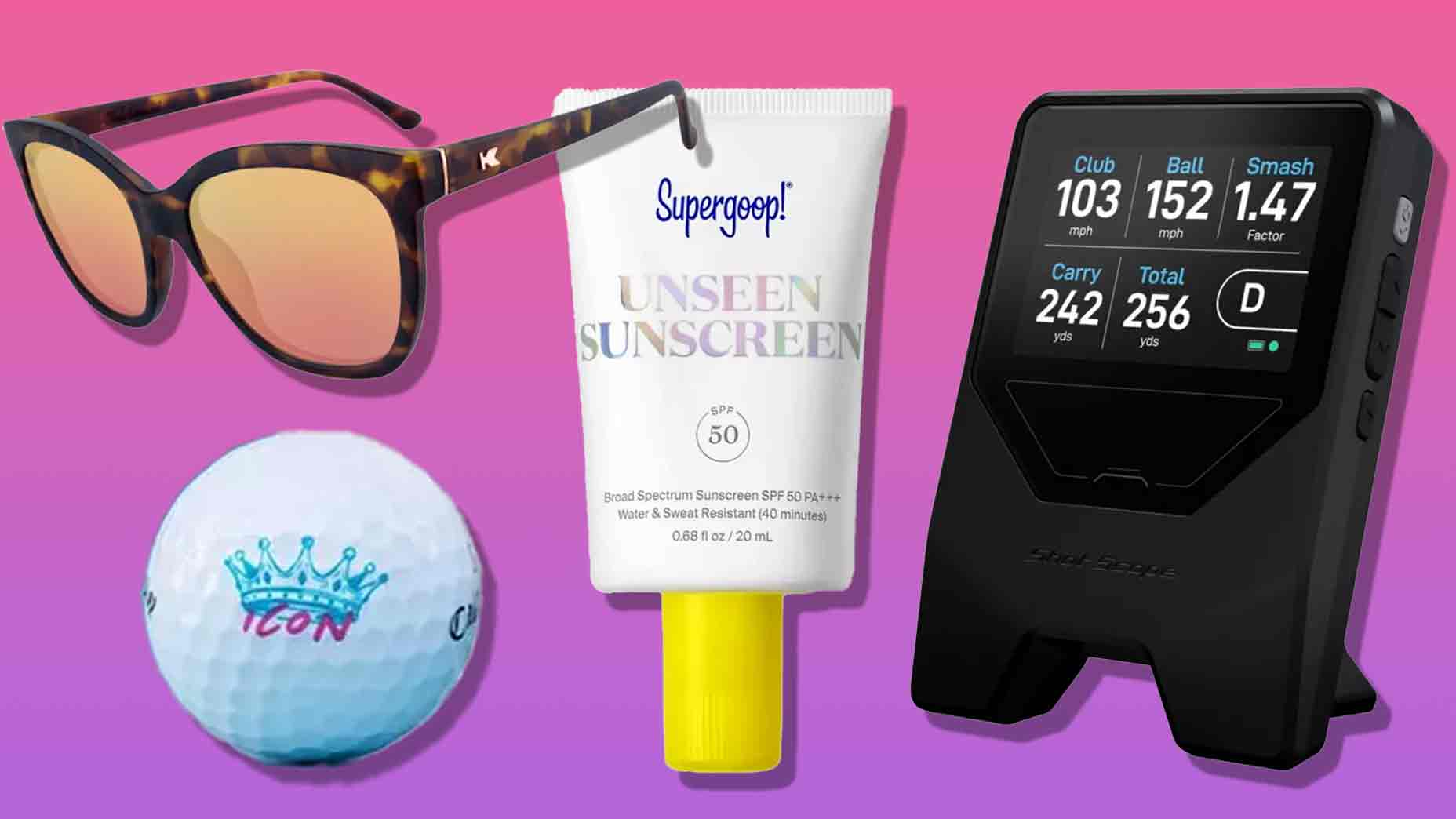 A collage featuring stylish accessories&mdash;a pair of tortoiseshell sunglasses, Supergoop! Unseen Sunscreen, a golf ball with ICON and crown, and a black launch monitor&mdash;makes for perfect last-minute gifts on a pink-to-purple gradient background.