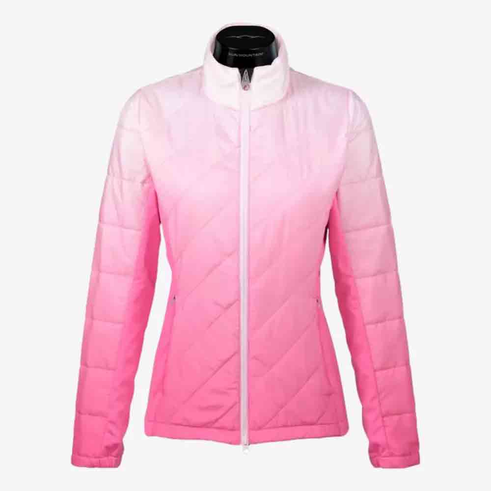 A women's quilted jacket with a front zipper, featuring a gradient color transition from white at the shoulders to bright pink at the hem and sleeves&mdash;an ideal Mother's Day gift&mdash;displayed on a mannequin against a plain background.