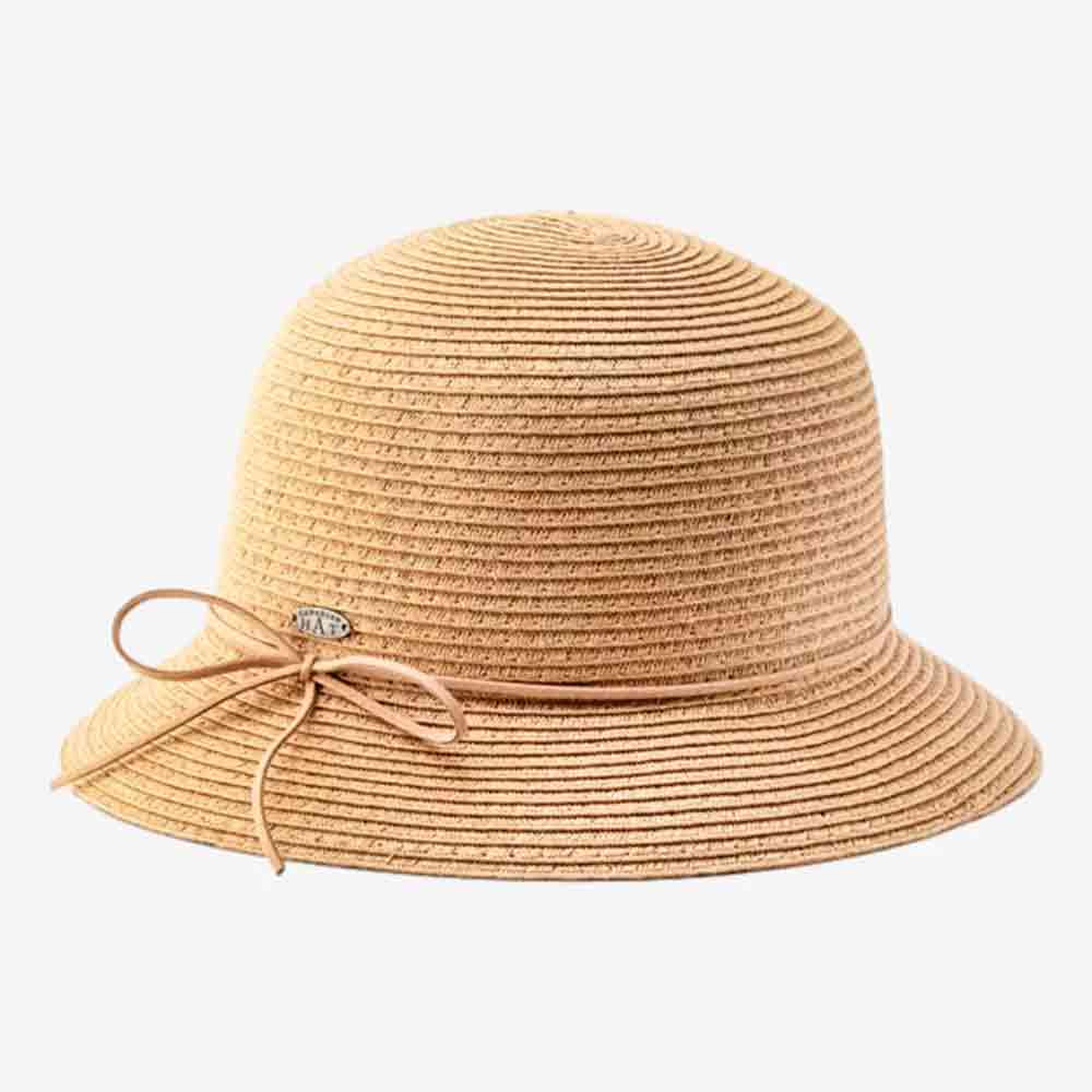 A light brown, woven straw cloche hat with a round crown and narrow brim, featuring a thin decorative bow and small metal accent&mdash;perfect as a thoughtful Mother's Day gift.