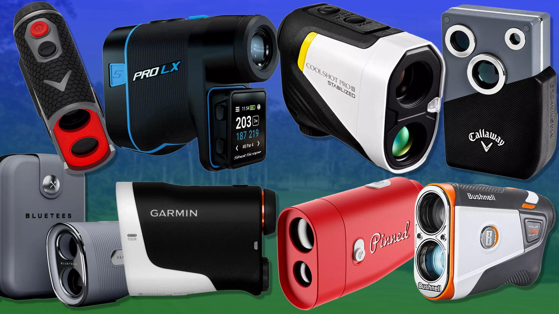 A collage of the best golf rangefinders from different brands, showcasing a mix of colors, shapes, and innovative designs, displayed against a faint golf course background.