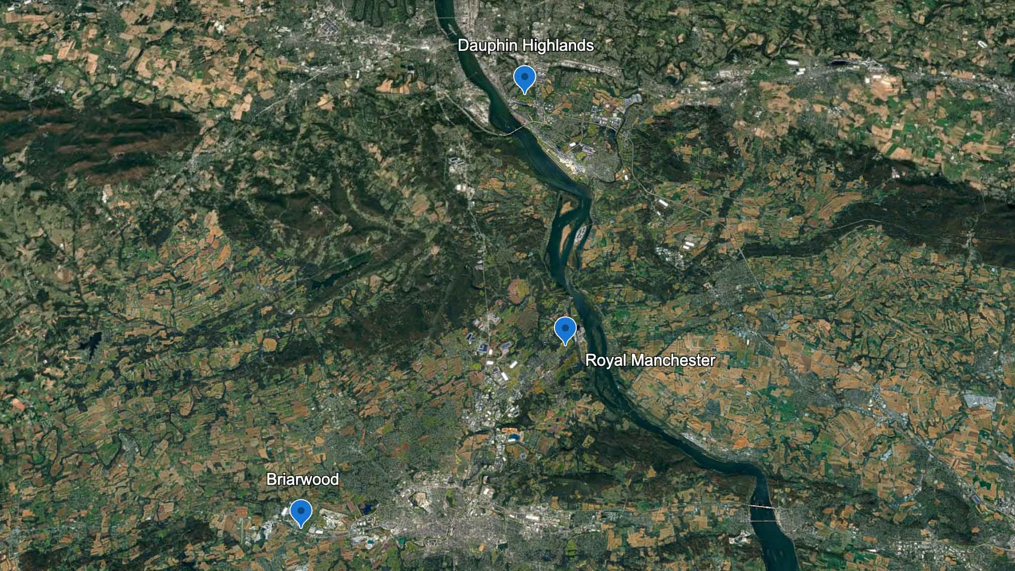 map of three golf courses in PA