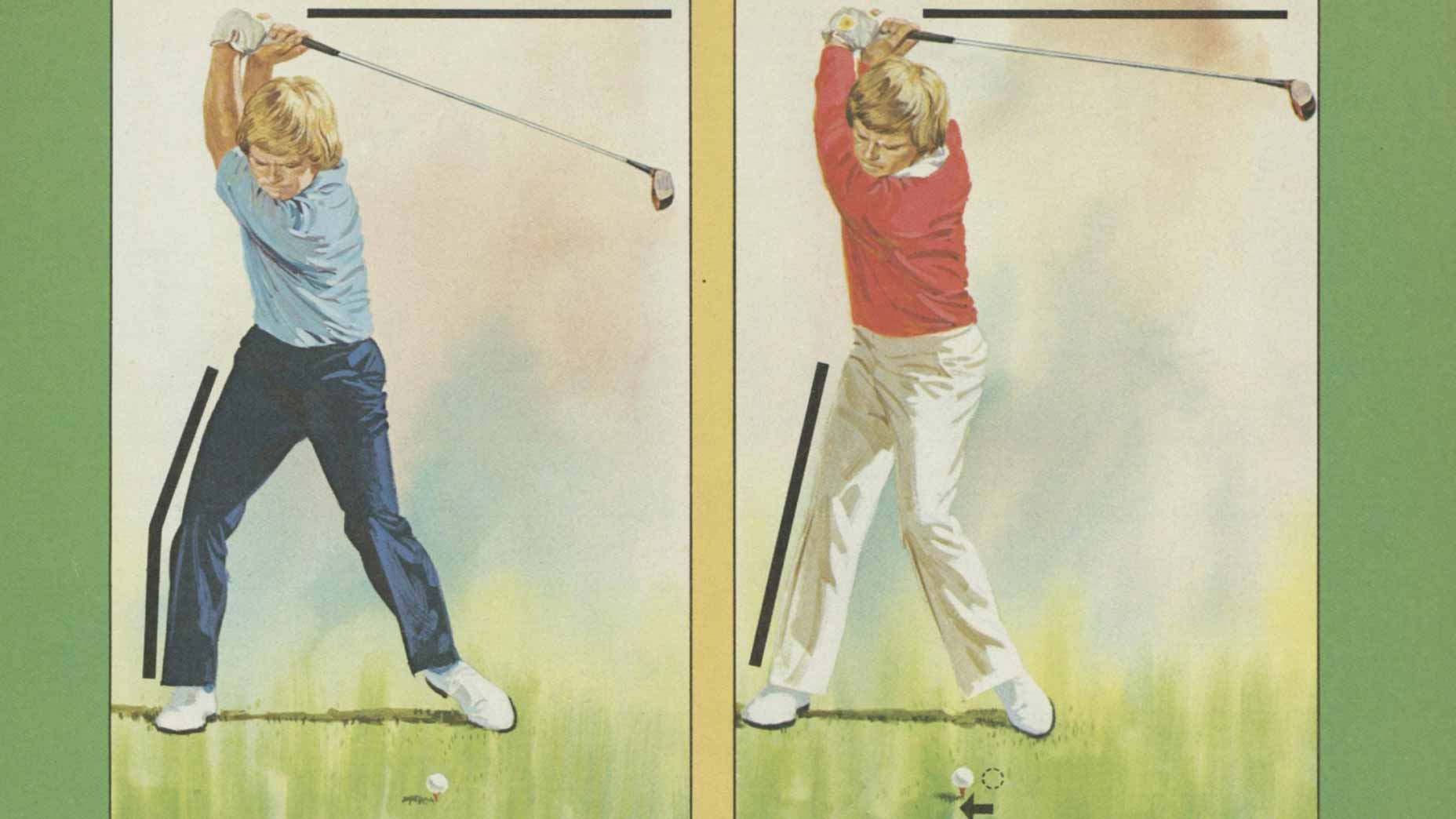 Two illustrated golfers at the top of their swings, one in a blue shirt and dark pants, the other in a red shirt and white pants. Black lines highlight driving tips inspired by Ben Crenshaw over a green background representing fairways.