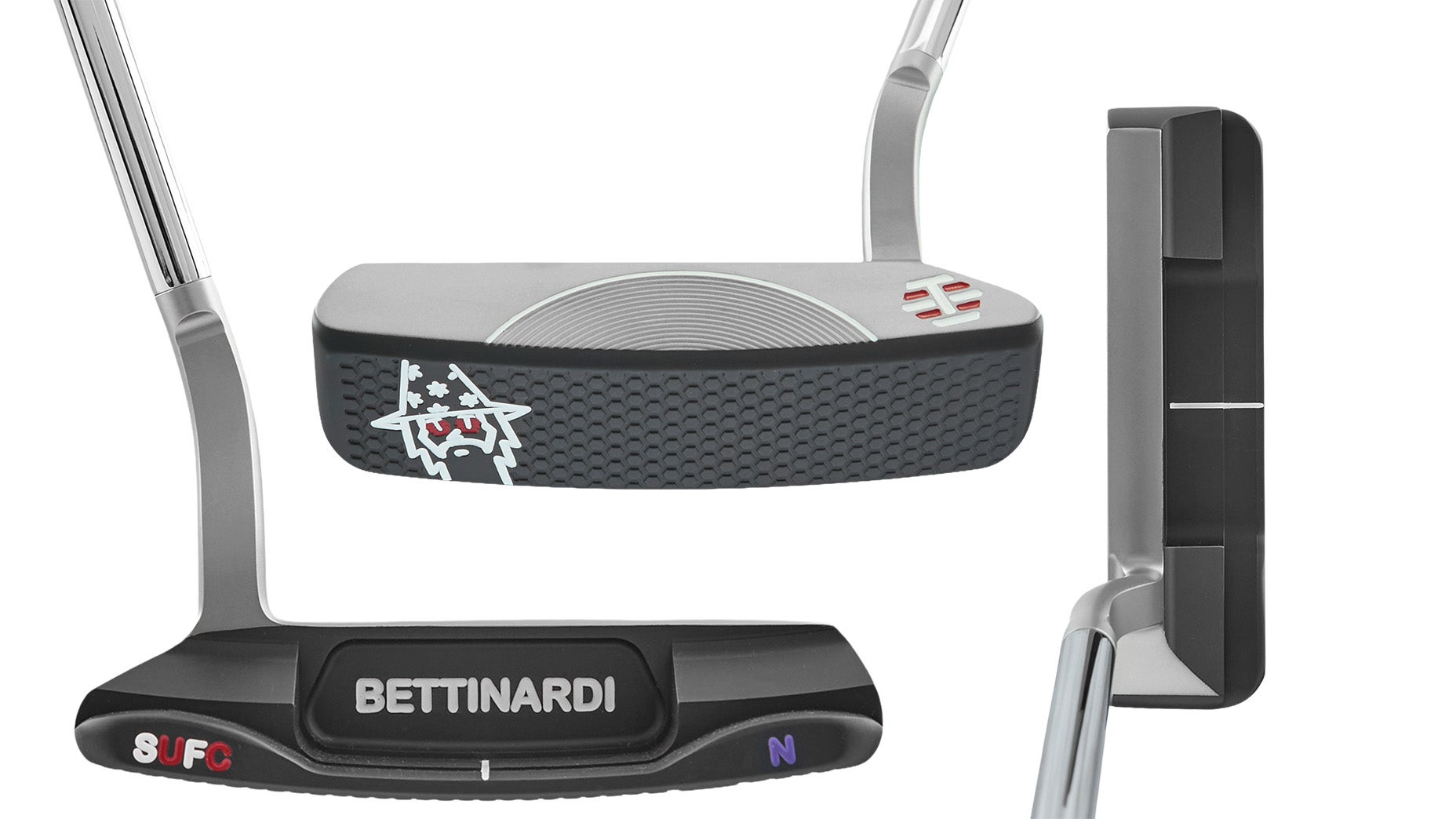 Three views of a Bettinardi golf putter showing the clubface, back, and side. The putter features engravings, a black finish, and metallic detailing with red, white, and purple accents.