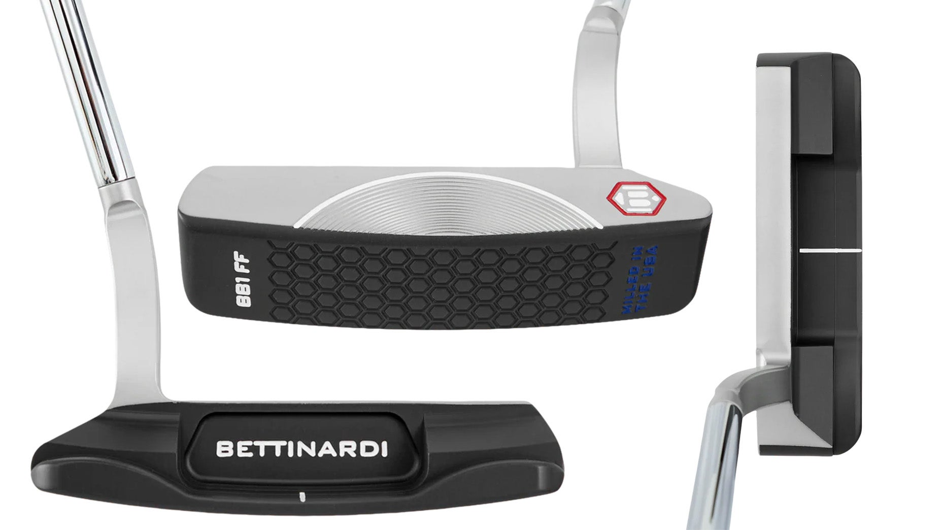 Three views of a Bettinardi BB1F golf putter: front, face, and top-down, showing its sleek design, black and silver finish, hexagonal pattern on the face, and branding details.