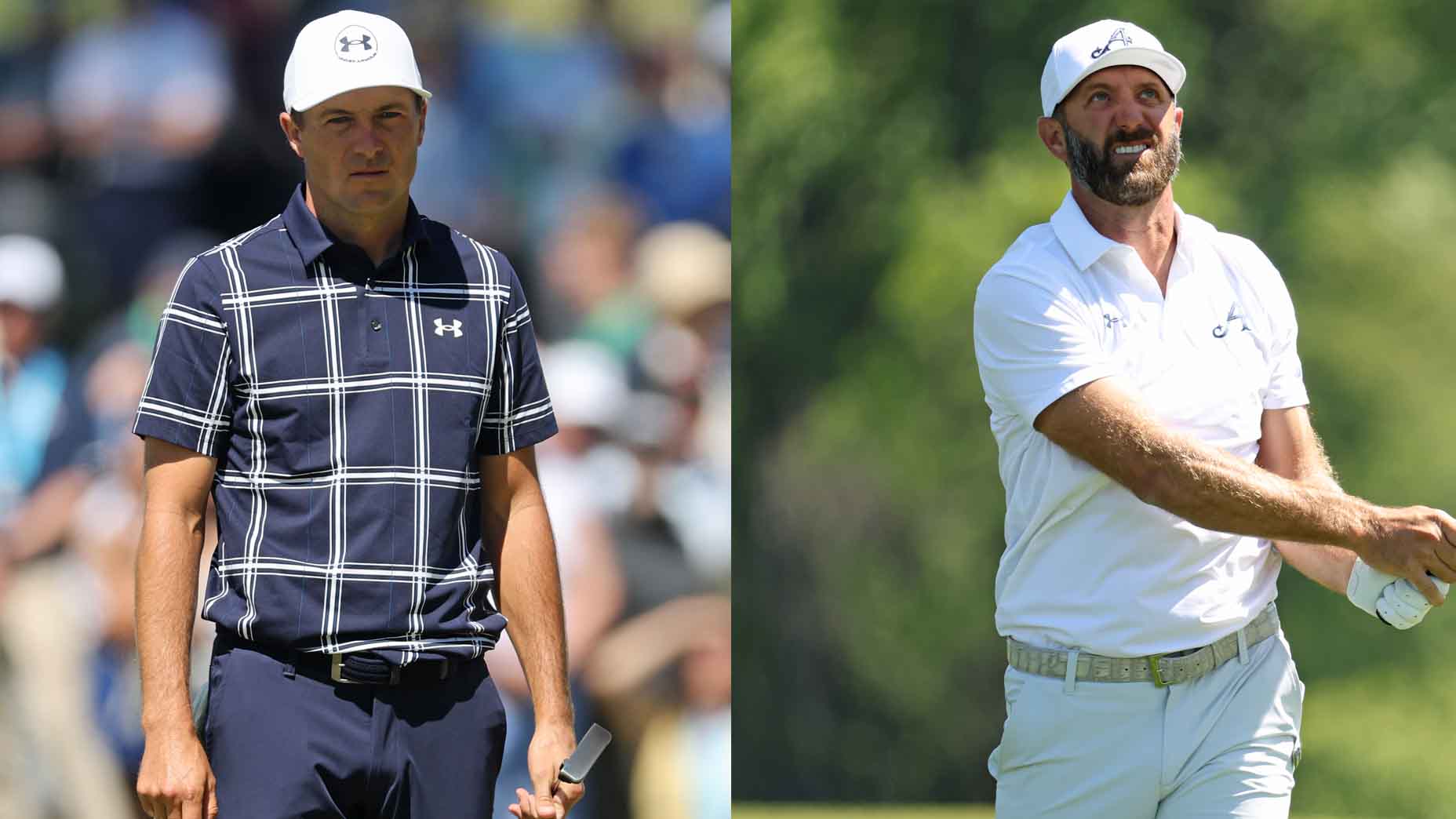 Jordan Spieth and Dustin Johnson look on at Aronimink Golf Club