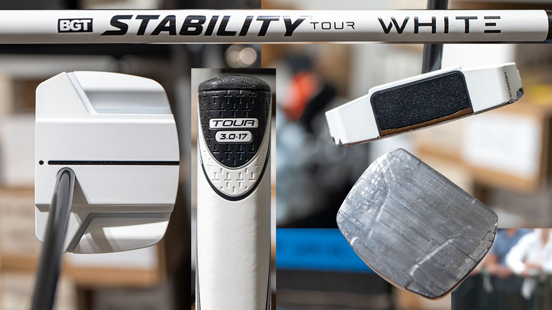 Close-up of a white BGT Stability Tour White golf putter shaft and head, featuring black and silver accents, with detailed views of the shaft graphics and the putter&rsquo;s face and sole in a workshop setting.