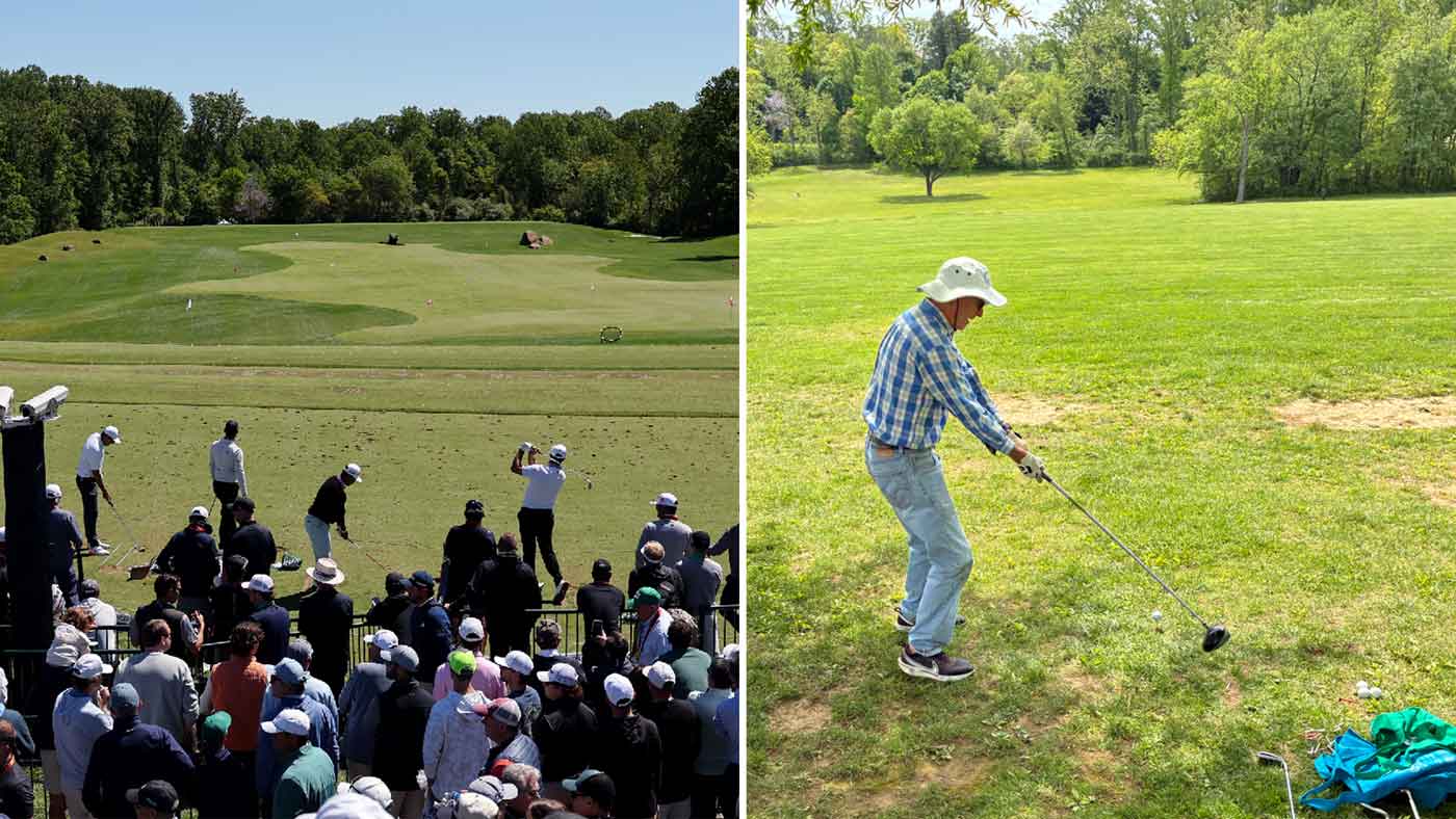 Split image: On the left, a large crowd watches golfers practice at a PGA Championship; on the right, an older man in a hat and plaid shirt swings a golf club on a quieter, grassy area with trees in the background.