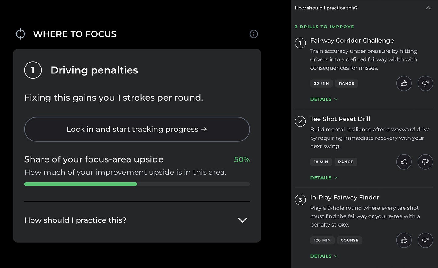 Golf improvement app screen showing a Driving Penalties focus area, with a 50% improvement upside. Powered by Arccos, this golf game improvement feature suggests drills like the Fairway Corridor Challenge, Tee Shot Reset Drill, and In-Play Fairway Finder&mdash;each complete with detailed instructions.