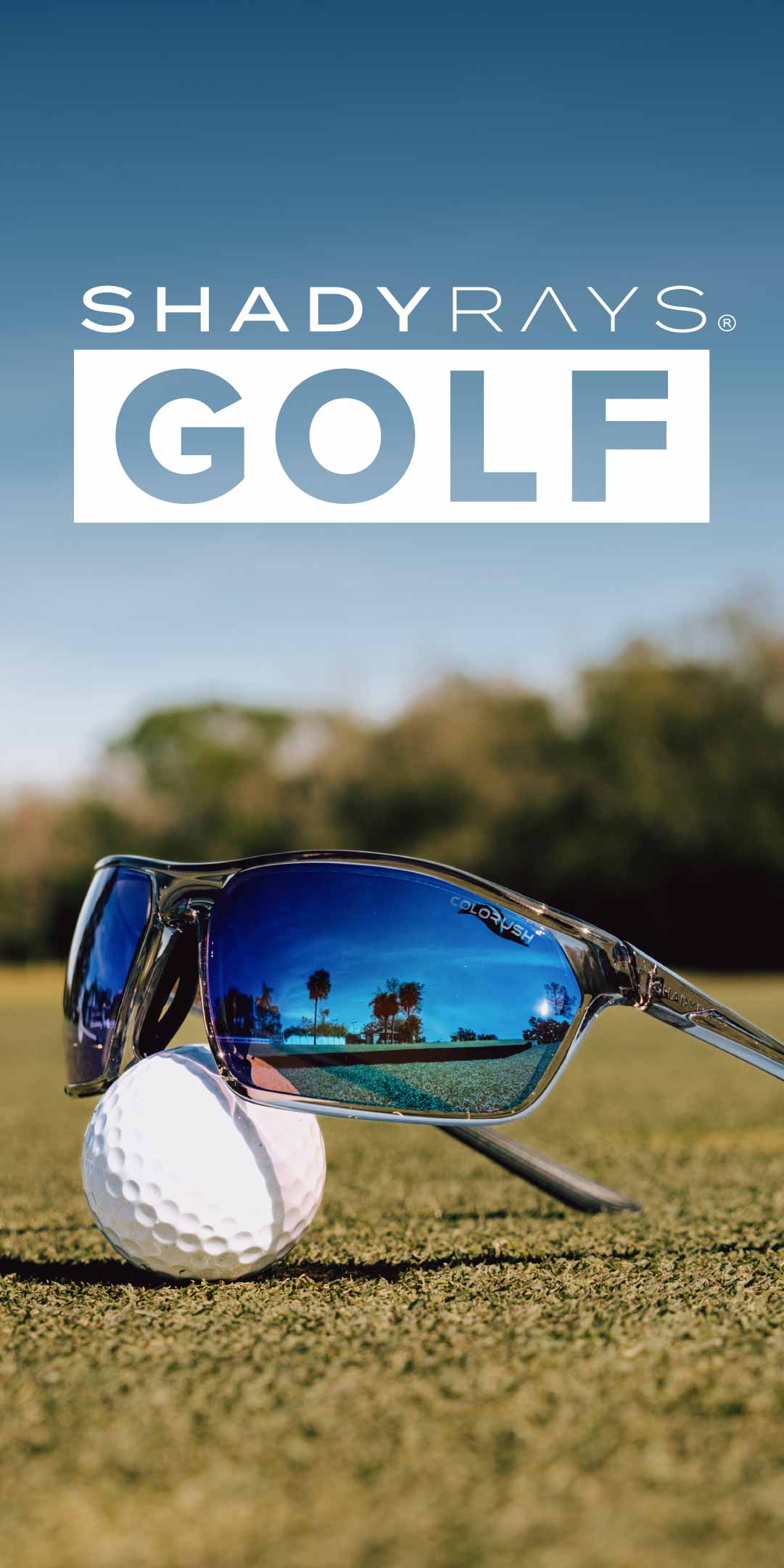 A pair of sunglasses rests on a golf ball on green grass, reflecting palm trees and a clear sky. The text SHADY RAYS GOLF appears at the top&mdash;perfect for YouTube golf fans or anyone channeling their inner chef like Chaz Bowker.