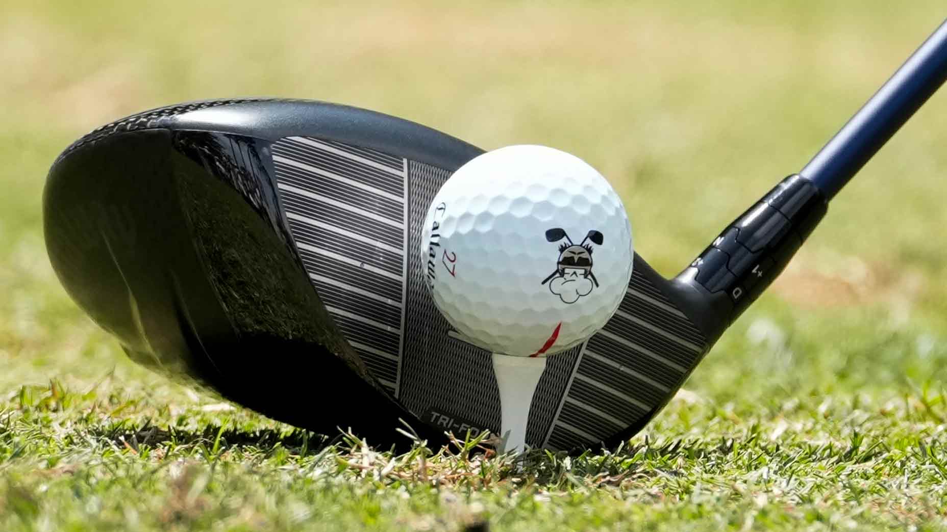 A close-up of a golf driver poised to hit a teed-up ball featuring a cartoon bulldog face, inspired by Min Woo Lee&rsquo;s style. The scene is set on green grass with Bag Spy-worthy club and ball in sharp focus.