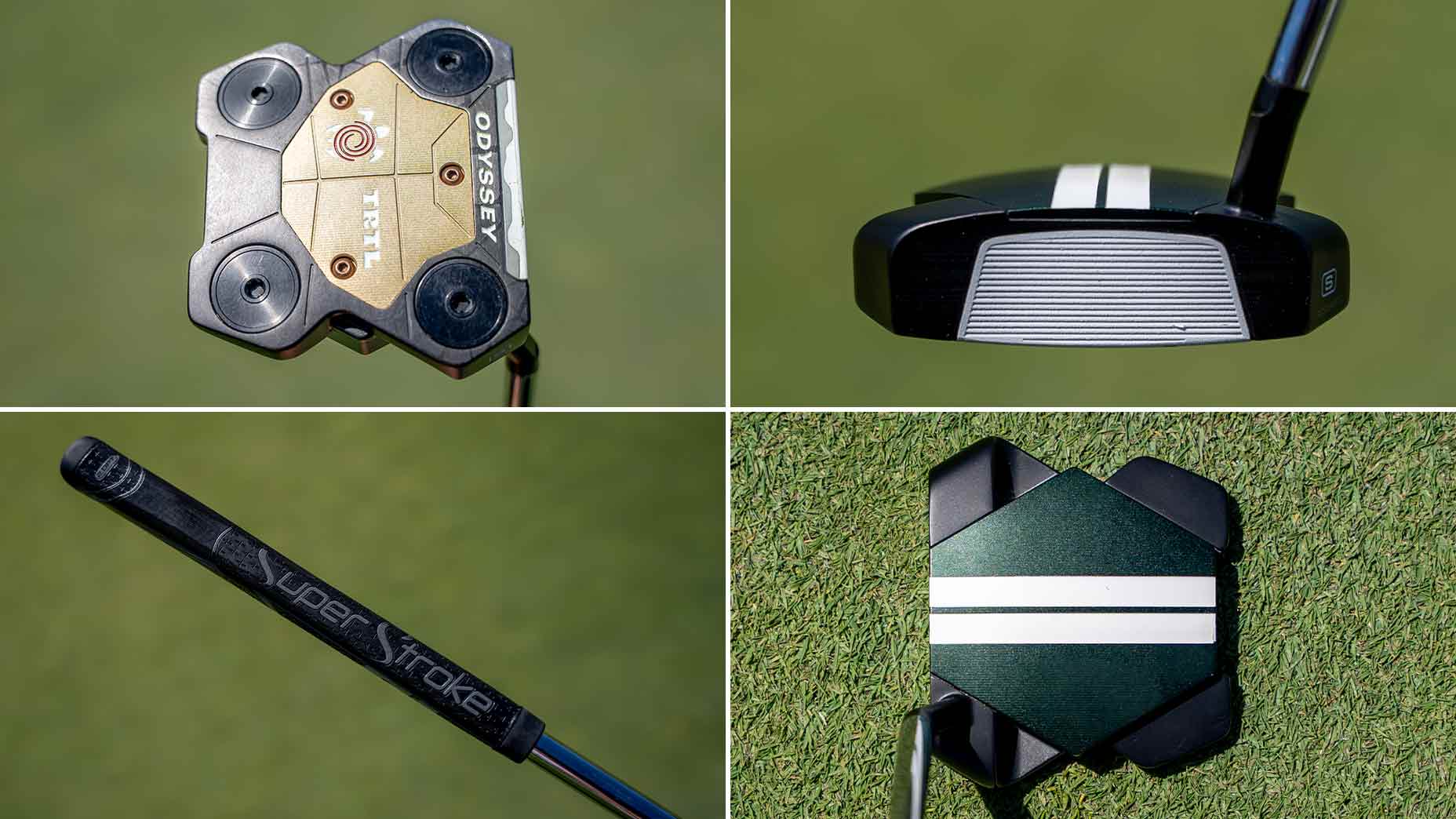 A collage of four close-up images of a golf putter: the clubhead from above, the clubhead face, the grip with Super Stroke text, and the clubhead resting on grass, showing two white alignment lines&mdash;just like a Bag Spy feature on Min Woo Lee&rsquo;s gear.