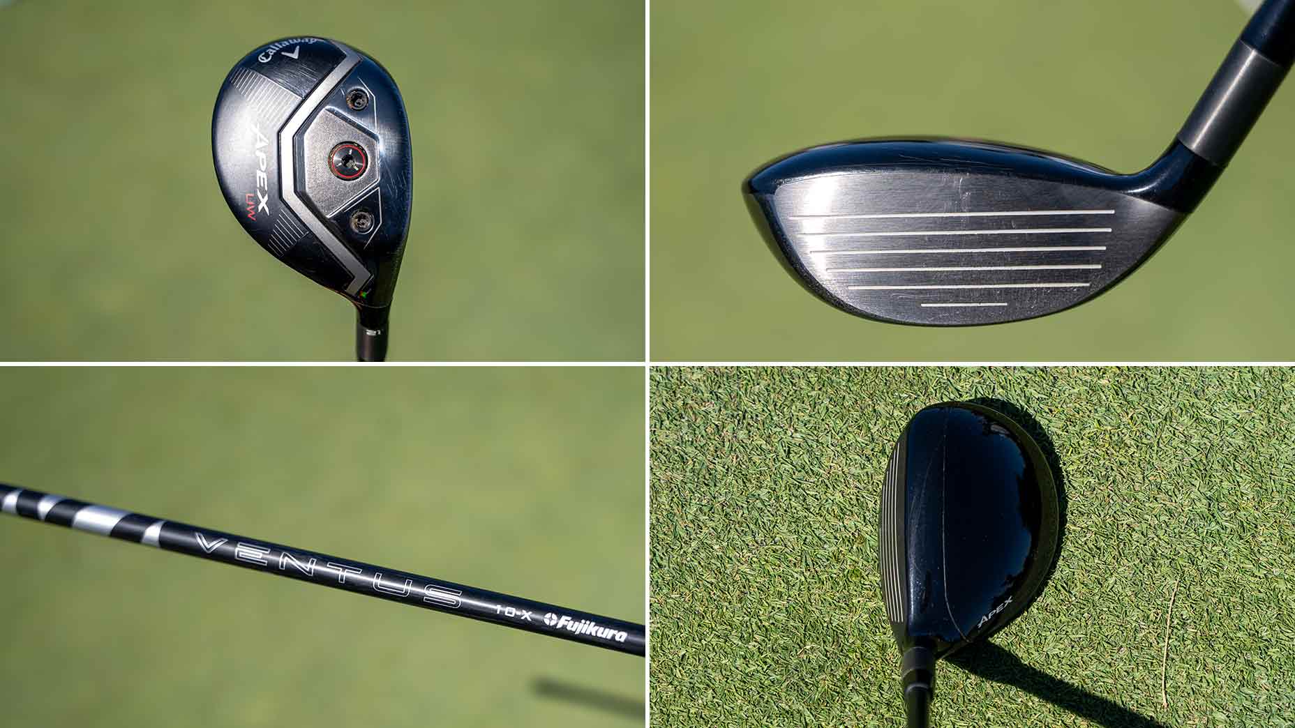 A collage of four images showcases a golf club from various angles&mdash;clubhead&rsquo;s back, clubface, shaft with &ldquo;VENTUS&rdquo; branding, and a top view on grass&mdash;perfect for a Bag Spy inspired by Min Woo Lee&rsquo;s gear.