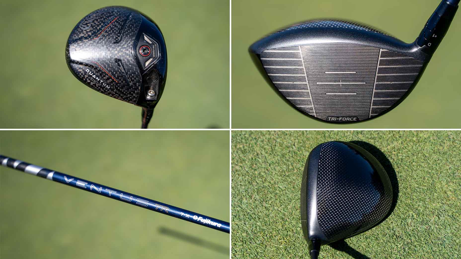 Four close-up images of a golf driver featured in Bag Spy: the clubhead&rsquo;s face, top view, shaft labeled VENTUS, and a side view with the carbon fiber pattern&mdash;all set against a grassy background. Used by Min Woo Lee.