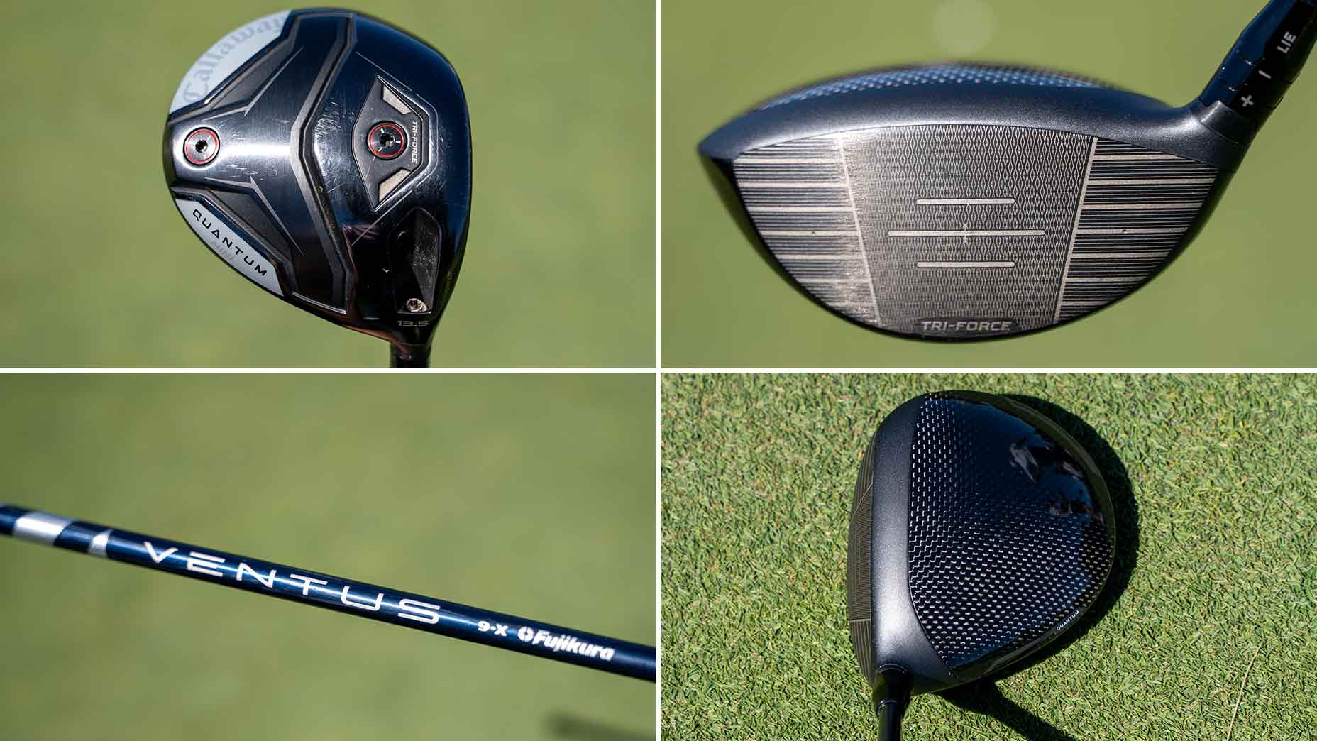 A collage of four images showing different angles of a golf club&mdash;featuring the Bag Spy view, the clubhead from above, the shaft labeled Ventus, and the clubhead resting on grass&mdash;similar to what Min Woo Lee might carry in his bag.