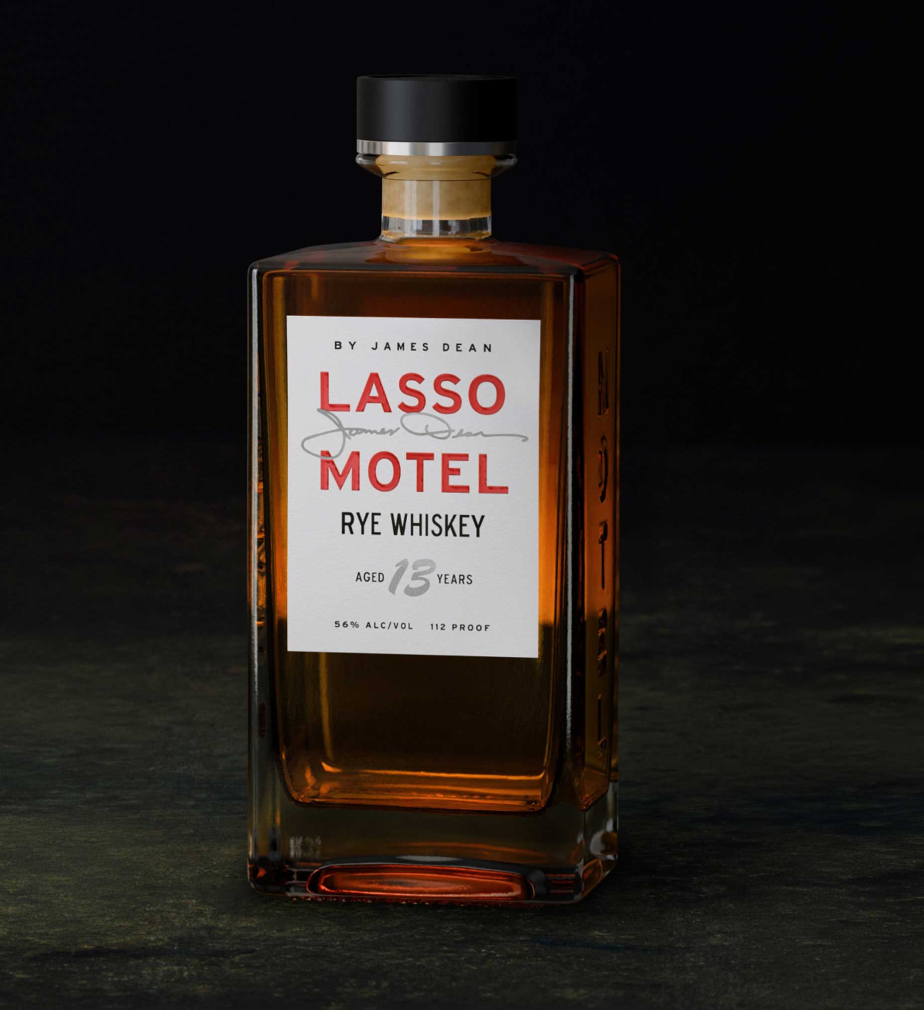 A square glass bottle of Lasso Motel Rye Whiskey, aged 13 years, with a black cap and white label featuring red and black text. Set against a dark background, it&rsquo;s an ideal gift for Father&rsquo;s Day or collectors of fine whiskies.