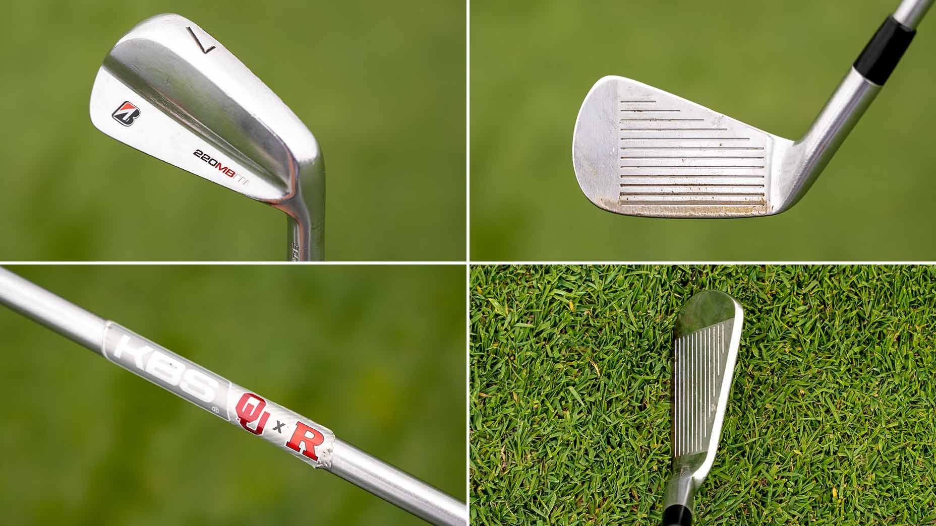 Four close-up images of a golf iron: back view showing the brand logo, face view with grooves, shaft featuring WITB branding and lettering, and a top view of the clubhead positioned on grass.