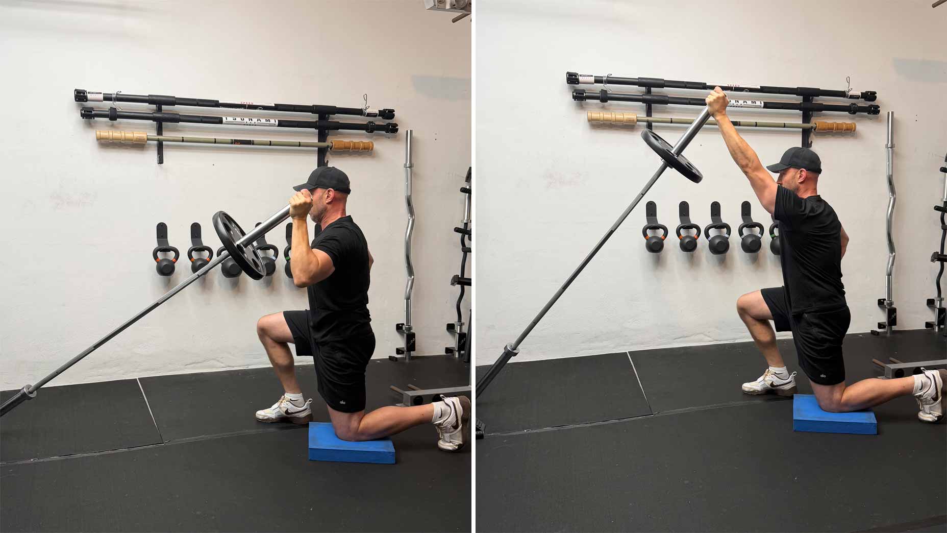 A man in gym clothes kneels on a blue pad, holding a landmine barbell. In the first image, he holds the bar at shoulder height. In the second, he presses it overhead, demonstrating a kneeling landmine shoulder press.