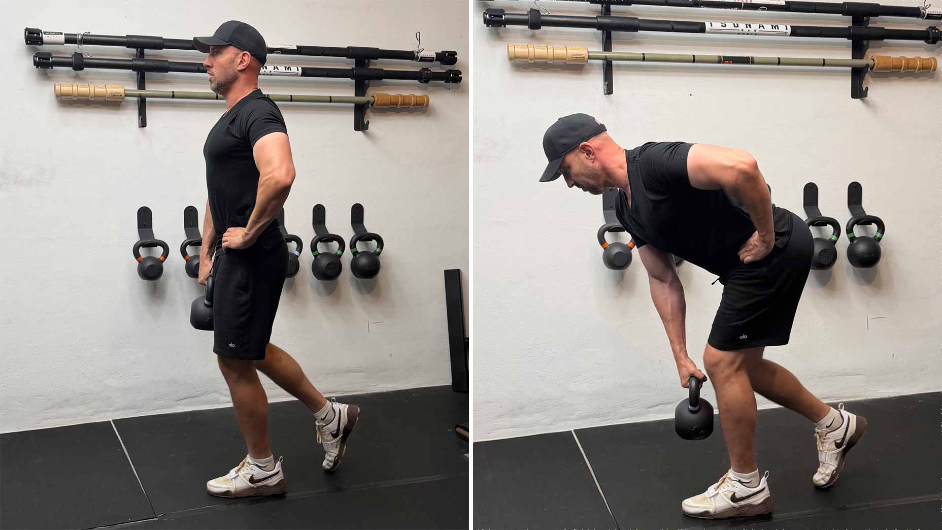 A man wearing a black t-shirt, shorts, and a cap performs a single-arm kettlebell row in two steps: standing upright with a kettlebell, then bending forward with a flat back, rowing the kettlebell upward.