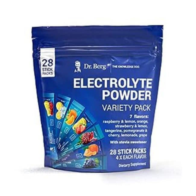 dr berg electrolyte powder blue bag on white background